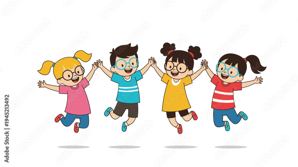 Naklejka premium Group of four happy children of different backgrounds jump for joy and hold hands to celebrate their friendship and a successful school day.
