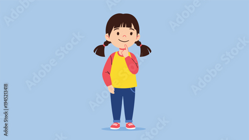 Curious young girl with brown pigtails stands in a thinking pose with her finger on her chin while coming up with new ideas and solutions.