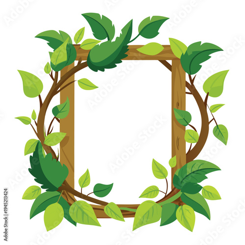 Decorative frame with leaves and vines in brown wood, design for invitation cards and greetings.