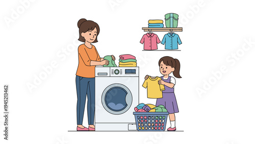 Helpful young girl assists her mother with the laundry by putting clothes into a modern washing machine to learn about home responsibility.