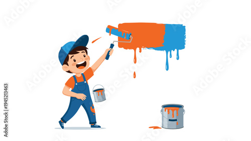 Hardworking young boy wearing blue overalls and a cap smiles while painting a wall with bright orange and blue paint using a roller tool.
