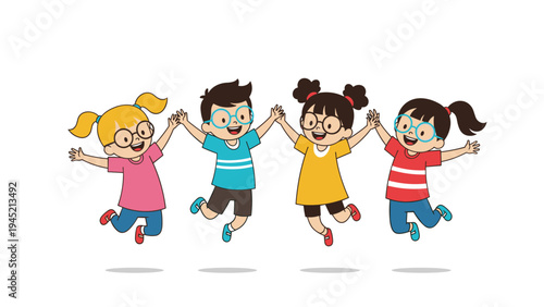 Group of four happy children of different backgrounds jump for joy and hold hands to celebrate their friendship and a successful school day.