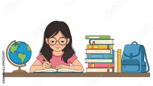 Serious young schoolgirl with glasses studies diligently at her desk with stacks of books, a globe, and a backpack for her school projects.