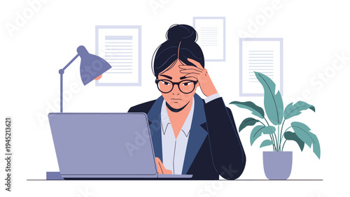 Stressed young businesswoman with her hair in a bun sits at her desk and holds her head while struggling with a difficult work task on her laptop.