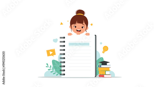 Adorable little girl with a hair bun peeks out from behind a large spiral notebook surrounded by school supplies and graduation symbols.