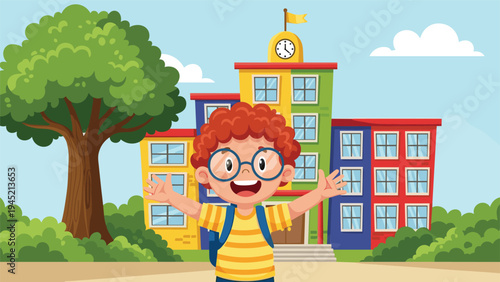 Happy young boy with red curly hair and glasses stands in front of a colorful school building with his arms wide open for a new day.