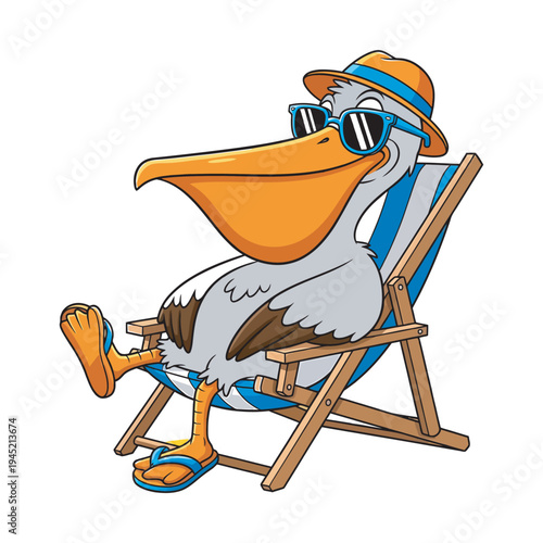 Chill pelican character wearing blue sunglasses and orange hat relaxing in deck chair