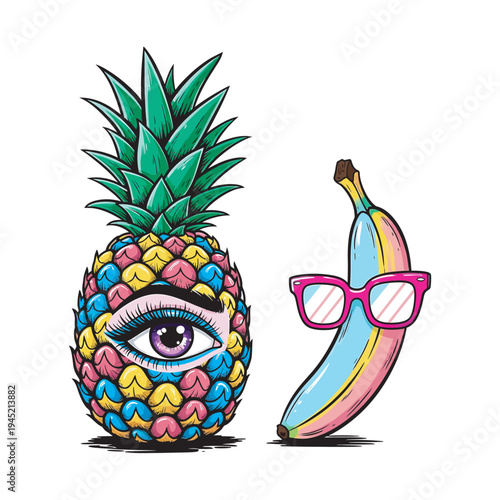 Abstract bright fruits summer fun design, tropical pineapple eye and banana with glasses