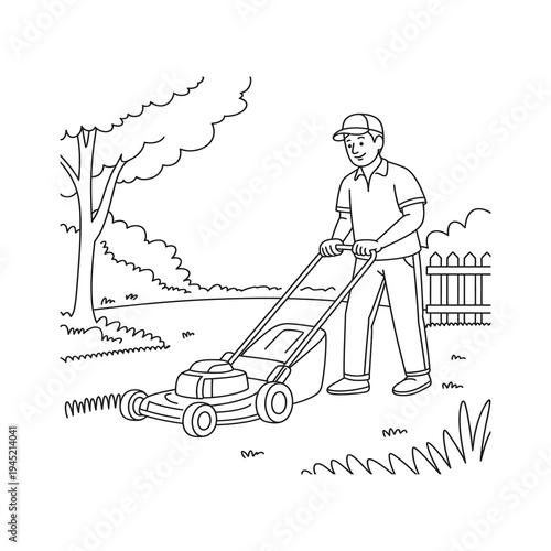 A man mowing the lawn with a lawn mower to represent Labor Day work.