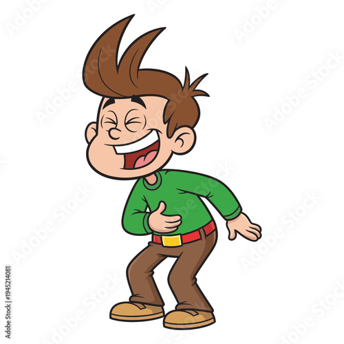 Cartoon boy laughing heartily with eyes closed wearing green shirt and brown pants