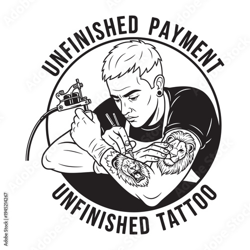 Professional artist tattooing lion head design with unfinished payment text around