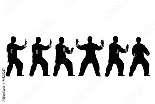 Tai Chi Men Icon Sheet Vector Design - Set of Male Practitioners Performing Martial Arts Poses for Wellness, Meditation and Fitness