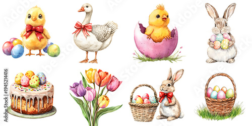 Set collection of watercolor Easter items: bunny, chick, Easter eggs, Easter cake, and basket, isolated on a transparent background PNG, template, mockup, cutout