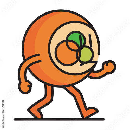 Abstract circular character walking with geometric facial features and orange body