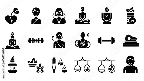 Vector icon sheet of people meditating and exercising outdoors in nature
