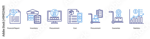 Financial and Inventory Control web banner icon vector illustration featuring Financial Report, Inventory, Procurement, Cost, Procurement, Guarantee, and Statistics for effective business management.