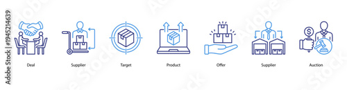 Business Deals and Suppliers web banner icon vector illustration featuring Deal, Supplier, Target, Product, Offer, Supplier, and Auction for corporate procurement and supply chain management.