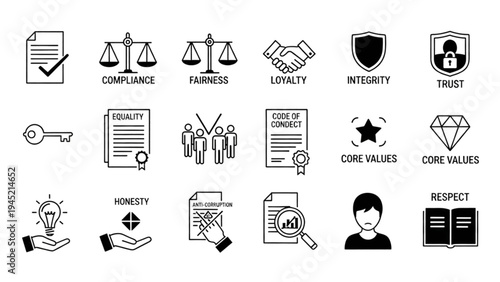Vector icon sheet illustrating core business values and ethics