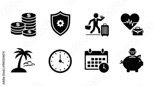 Vector Icon Sheet of Finance, Time, Travel, and Health Symbols