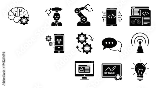 Vector icon sheet displays technology symbols on screen with robots and gears