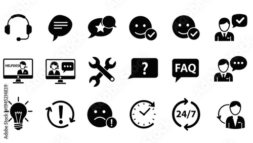 Vector icon sheet of customer support symbols and technology related icons