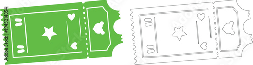 Green ticket stub silhouette with white details and black outline on white background