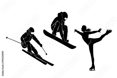Winter Sports Set Skier Snowboarder Ice Skater Action Silhouette Collection Seasonal Sport Black Vector