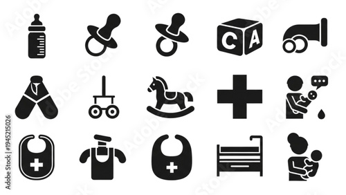 Vector Icon Sheet of Various Baby Care Items and Symbols
