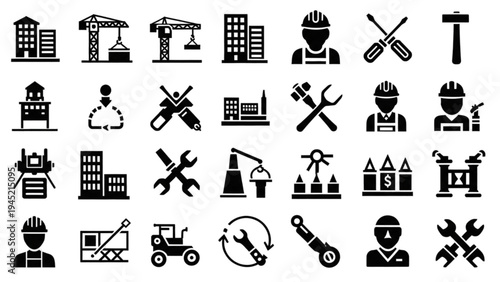 Construction workers and tools on an icon sheet vector for industry