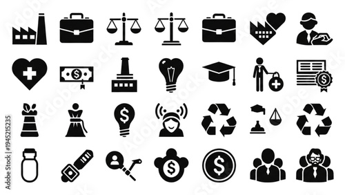 Vector icon sheet features various business and finance symbols.