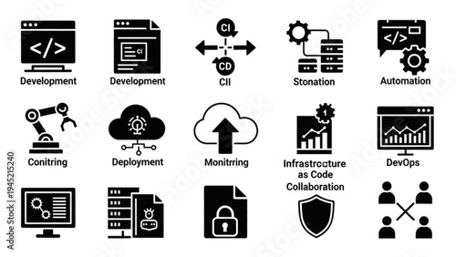 Vector Icon Sheet of Development and Automation Concepts with CI/CD Pipeline