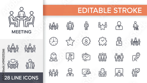 Set of linear icons for meetings and business collaboration, perfect for presentations and websites