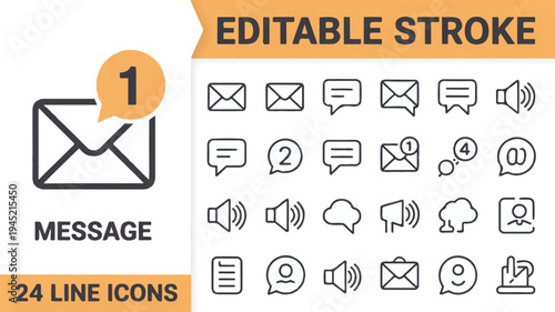 Clean vector line icons for digital communication, featuring messages, notifications, sound, and user interface elements. Ideal for modern web and app design projects