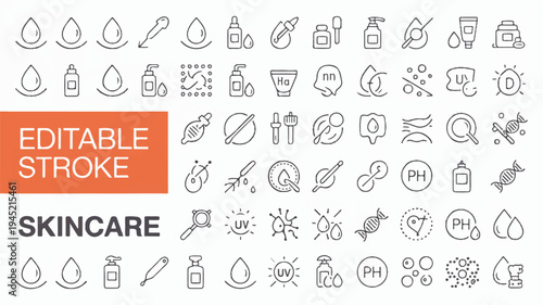 Vector Icons for Skincare Routine and Beauty Products, Representing Health, Hygiene, and Dermatology Concepts with Editable Stroke
