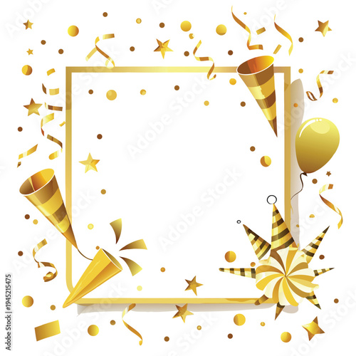 Festive golden celebration frame with party poppers confetti stars and balloon isolated