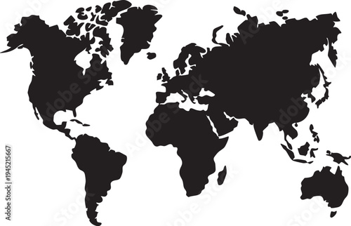 A clean vector illustration of a world map rendered in flat design style with bold, simplified continental outlines. The continents are depicted in a deep navy blue against a crisp white background, w