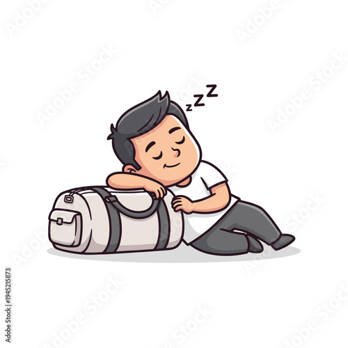 Cute boy sleeping on duffel bag cartoon vector illustration of tired traveler resting on luggage