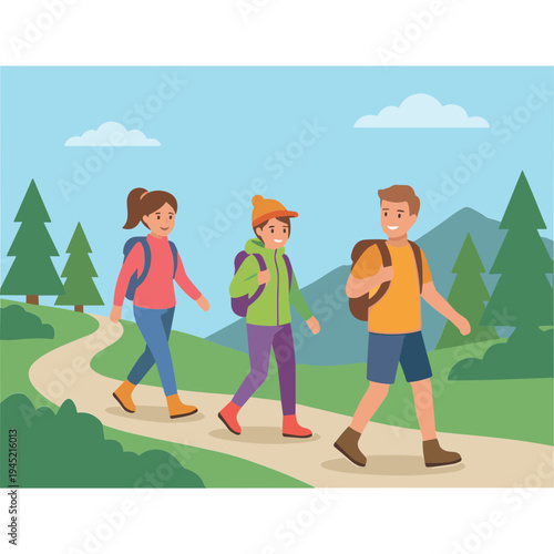 People hiking together on a winding trail in a natural landscape