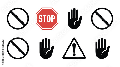 A comprehensive set of minimalist vector icons illustrating various stop, warning, and prohibition symbols for safety and cautionary messages