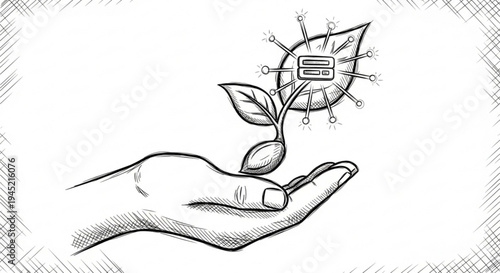 Hand holding a plant with a leafy green sprout and a digital network symbol representing eco friendly technology and sustainable growth