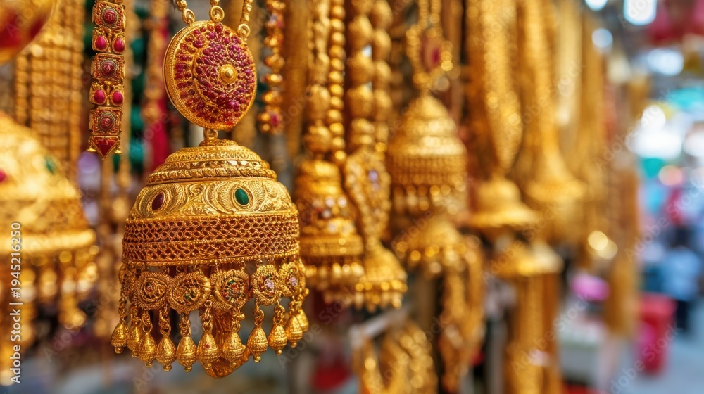 Fototapeta premium Golden jewelry display market stall product showcase vibrant atmosphere close-up view cultural richness