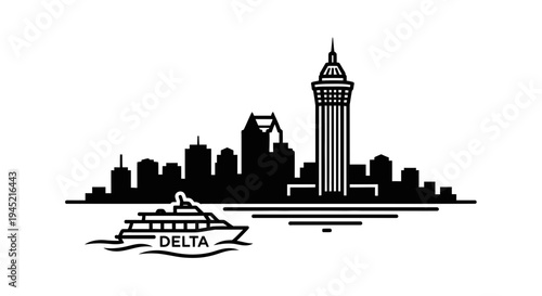 City Skyline Silhouette with Delta Cruise Ship on Water