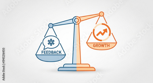 Balance scale with feedback and growth symbols on each side weighing progress and improvement