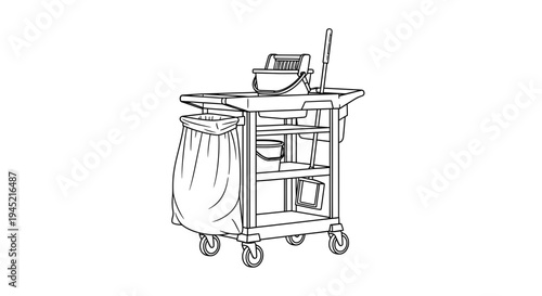 Cleaning cart with mop, bucket, and trash bag, isolated on white background, line art illustration.