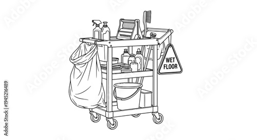Cleaning Cart with Supplies and Wet Floor Sign