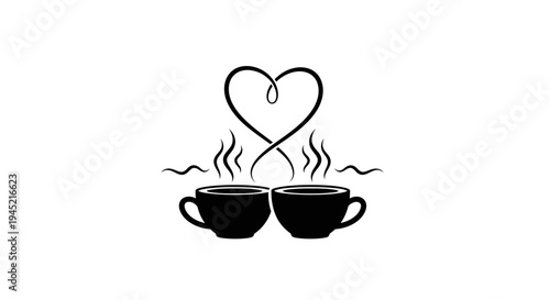 Couple coffee cups with steam forming a heart shape, love concept, isolated on white background