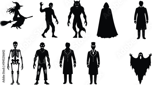 Black Halloween Silhouettes Set with Witch Ghost Skeleton Werewolf Zombie Vampire and Creepy Monster Characters Isolated on White Background for Horror Design