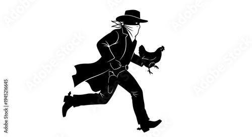 Cowboy bandit running with stolen chicken, western outlaw, funny, black and white silhouette