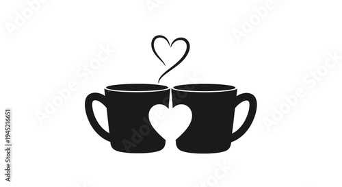 Couple Coffee Mugs with Heart Steam and Shape - Love and Romance Concept