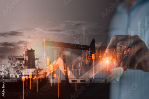 Professional analyzing global energy crisis and oil price spikes. oil pumpjack, cargo ship, and financial charts. supply chain disruption, and economic inflation impact on world energy markets.